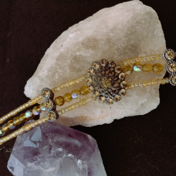 Caramel Bead Faux Diamond Rhinestone Silver Metal Bracelet - Picture 2 of 2